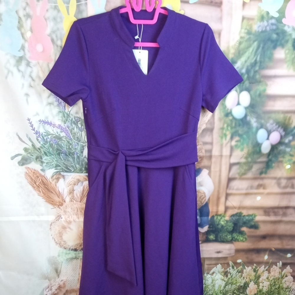 💩 Purple Short-Sleeve Midi Dress with Waist Tie